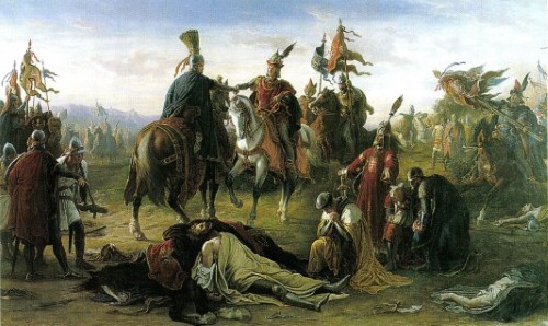 IV. Kun László és Habsburgi Rudolf találkozása a morvamezei csatatéren, II. Ottokár király holtteste felett